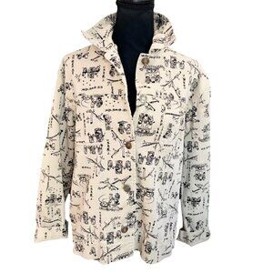 Chicos Design Denim Vintage Asian Sketch Print Boxy Jacket Womens XL Statement